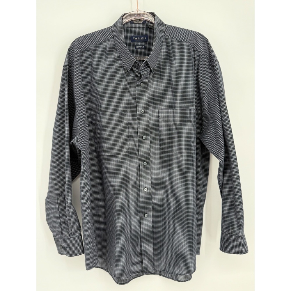 Van Heusen Mens 17-17.5 Dress Shirt Black White Grid Long Sleeve Sz XL